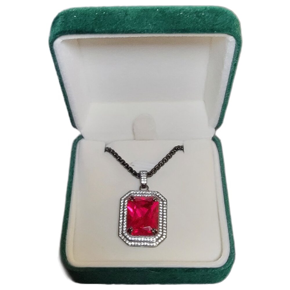 Black Gothic 15.50ct Lab Ruby Halo Pendant Necklace Rope Chain NWT